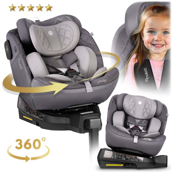 Autósülés, Nukido Prestige Line, világosszürke, 0–36 kg / 40-150 cm, Isofix, i-Size (ECE R129), 12 fokozatú fejtámla, 5 fokozatú döntés, csecsemőbetét, 360°-ban forgatható