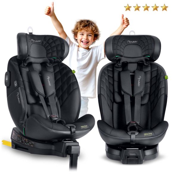 Autósülés, Nukido Aero Line, fekete, 0-36 kg / 40–150 cm, Isofix, i-Size (ECE R129) 360°-ban forgatható, SIP oldalsó ütközésvédelem, 5 pontos övrendszer