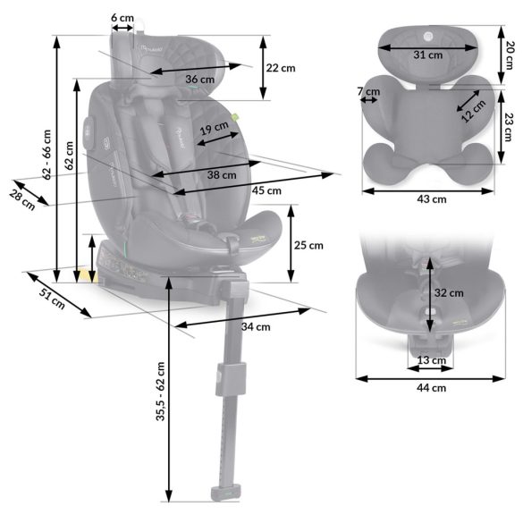 Autósülés, Nukido Aero Line, fekete, 0-36 kg / 40–150 cm, Isofix, i-Size (ECE R129) 360°-ban forgatható, SIP oldalsó ütközésvédelem, 5 pontos övrendszer