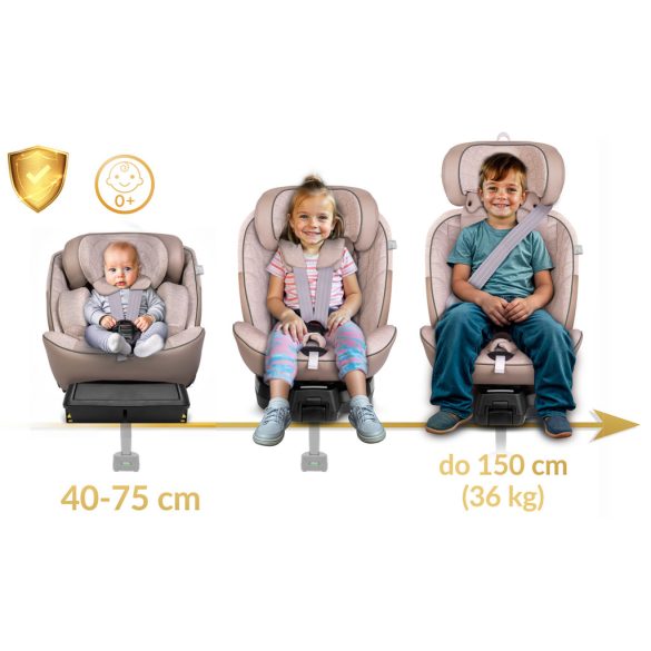 Autósülés, Nukido Aero Line, bézs, 0-36 kg / 40–150 cm, Isofix, i-Size (ECE R129) 360°-ban forgatható, SIP oldalsó ütközésvédelem, 5 pontos övrendszer