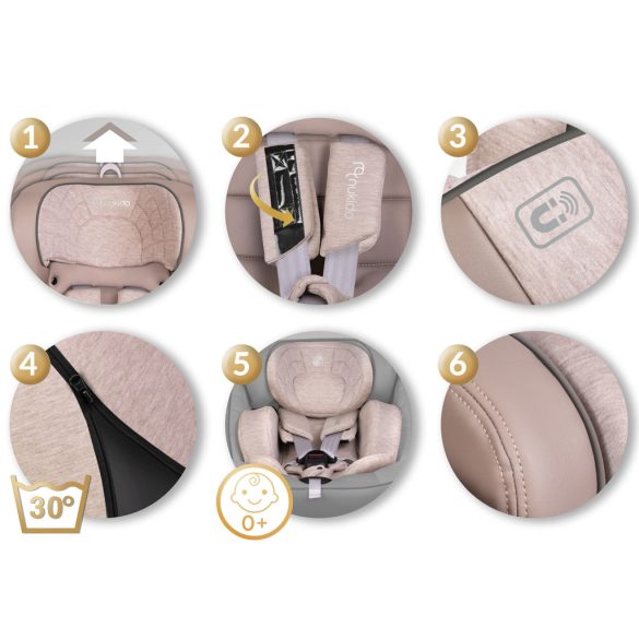 Autósülés, Nukido Aero Line, bézs, 0-36 kg / 40–150 cm, Isofix, i-Size (ECE R129) 360°-ban forgatható, SIP oldalsó ütközésvédelem, 5 pontos övrendszer