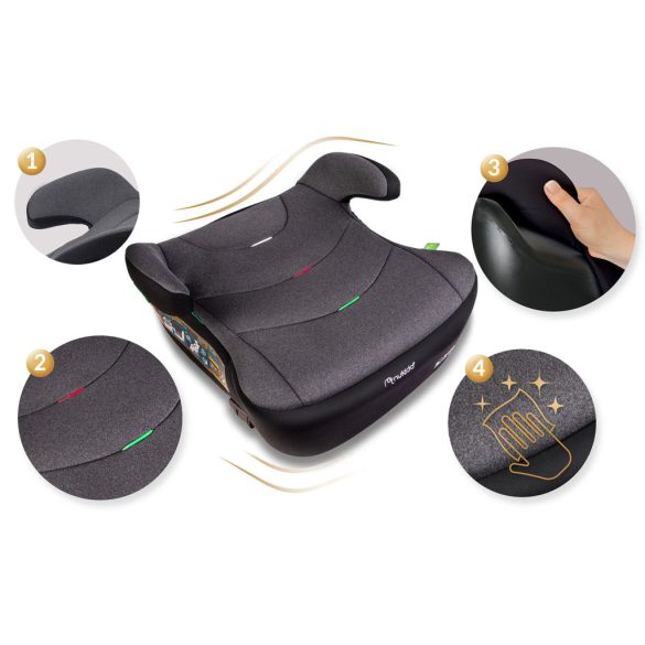 Autós ülésmagasító, Nukido Louis 710201, sötétszürke, 22–36 kg / 125-150 cm, Isofix, i-Size (ECE R129), mosható huzat, 3 pontos rögzítés