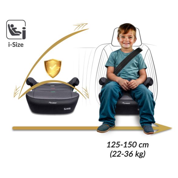 Autós ülésmagasító, Nukido Louis 710201, sötétszürke, 22–36 kg / 125-150 cm, Isofix, i-Size (ECE R129), mosható huzat, 3 pontos rögzítés