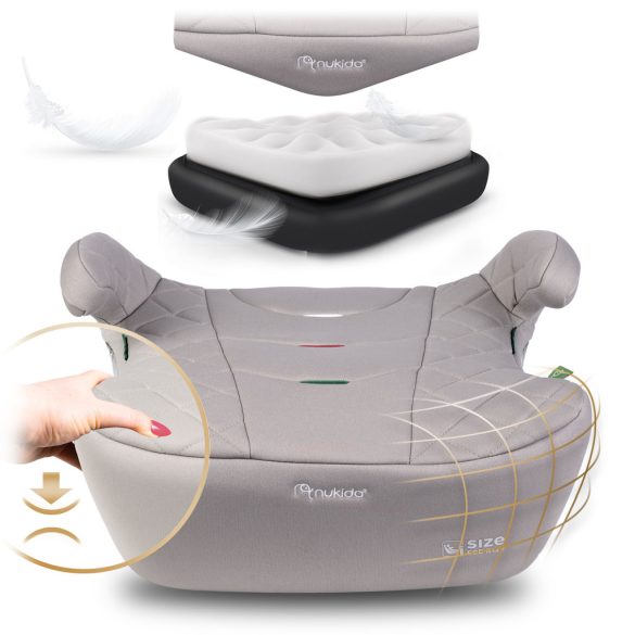 Autós ülésmagasító, Nukido Louis 710202, világosszürke, 22–36 kg / 125-150 cm, Isofix, i-Size (ECE R129), mosható huzat, 3 pontos rögzítés