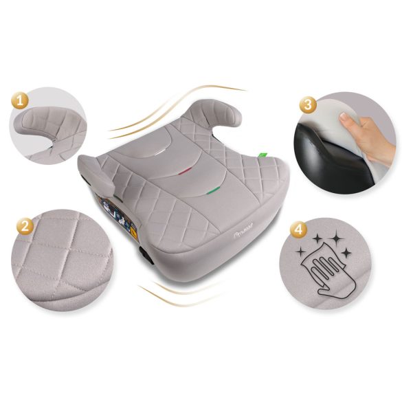 Autós ülésmagasító, Nukido Louis 710202, világosszürke, 22–36 kg / 125-150 cm, Isofix, i-Size (ECE R129), mosható huzat, 3 pontos rögzítés