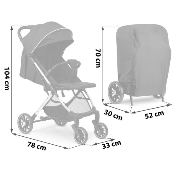 Babakocsi, Nukido Paseo, fekete/ezüst, 70 x 52 x 30 cm, összecsukható, 360°-os rugózott első kerekek, ötpontos biztonsági öv, dönthető háttámla, esővédő és lábzsák