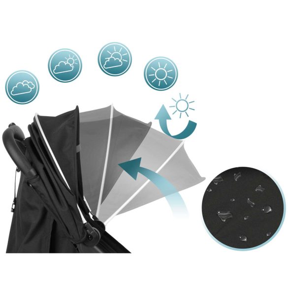 Babakocsi, Nukido Paseo, fekete/ezüst, 70 x 52 x 30 cm, összecsukható, 360°-os rugózott első kerekek, ötpontos biztonsági öv, dönthető háttámla, esővédő és lábzsák