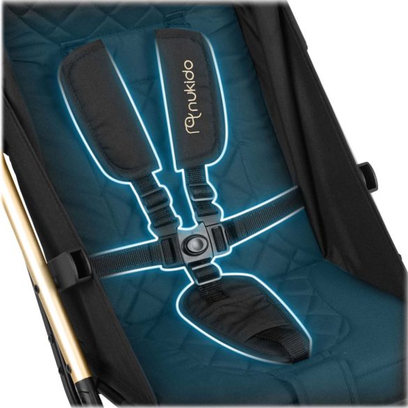 Babakocsi, Nukido Paseo, fekete/arany, 70 x 52 x 30 cm, összecsukható, 360°-os rugózott első kerekek, ötpontos biztonsági öv, dönthető háttámla, esővédő és lábzsák