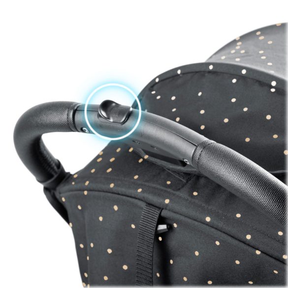 Babakocsi, Nukido Paseo, fekete/arany, 70 x 52 x 30 cm, összecsukható, 360°-os rugózott első kerekek, ötpontos biztonsági öv, dönthető háttámla, esővédő és lábzsák