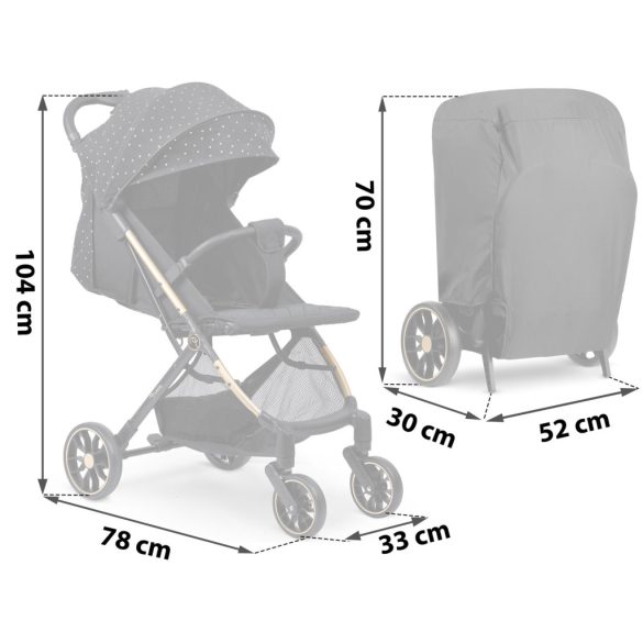 Babakocsi, Nukido Paseo, fekete/arany, 70 x 52 x 30 cm, összecsukható, 360°-os rugózott első kerekek, ötpontos biztonsági öv, dönthető háttámla, esővédő és lábzsák