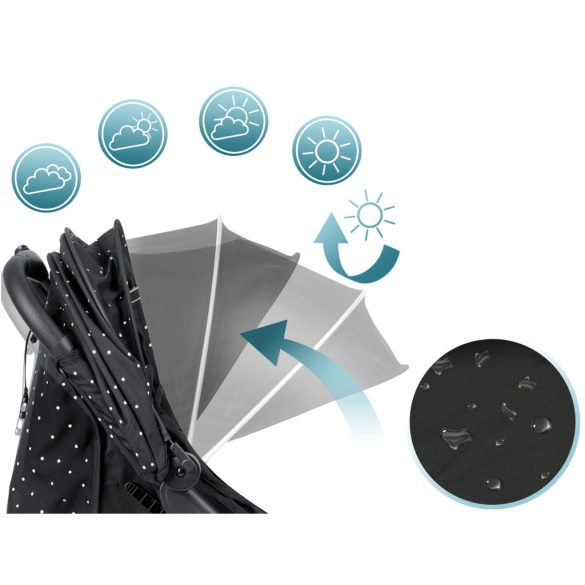 Babakocsi, Nukido Paseo, fekete/arany, 70 x 52 x 30 cm, összecsukható, 360°-os rugózott első kerekek, ötpontos biztonsági öv, dönthető háttámla, esővédő és lábzsák