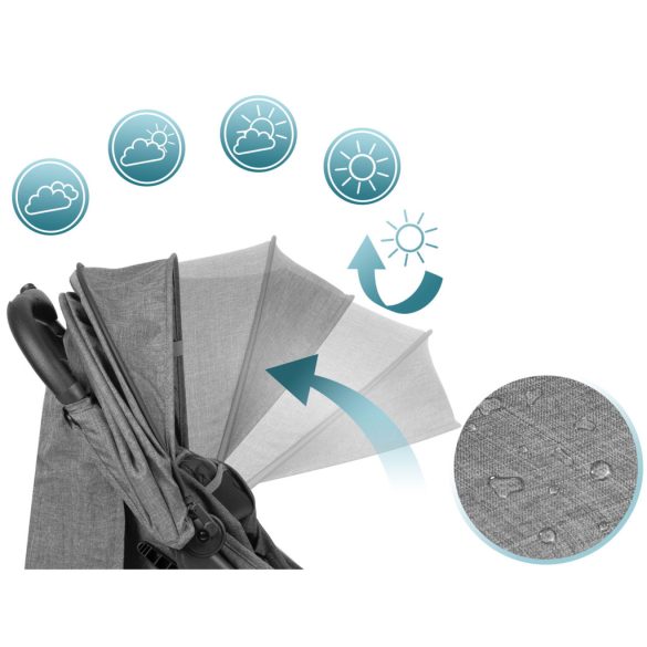 Babakocsi, Nukido Paseo, szürke, 70 x 52 x 30 cm, összecsukható, 360°-os rugózott első kerekek, ötpontos biztonsági öv, dönthető háttámla, esővédő és lábzsák