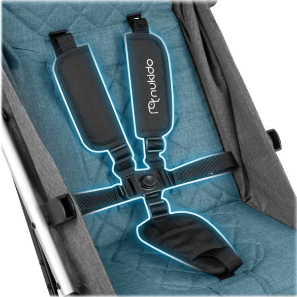 Babakocsi, Nukido Paseo, szürke, 70 x 52 x 30 cm, összecsukható, 360°-os rugózott első kerekek, ötpontos biztonsági öv, dönthető háttámla, esővédő és lábzsák