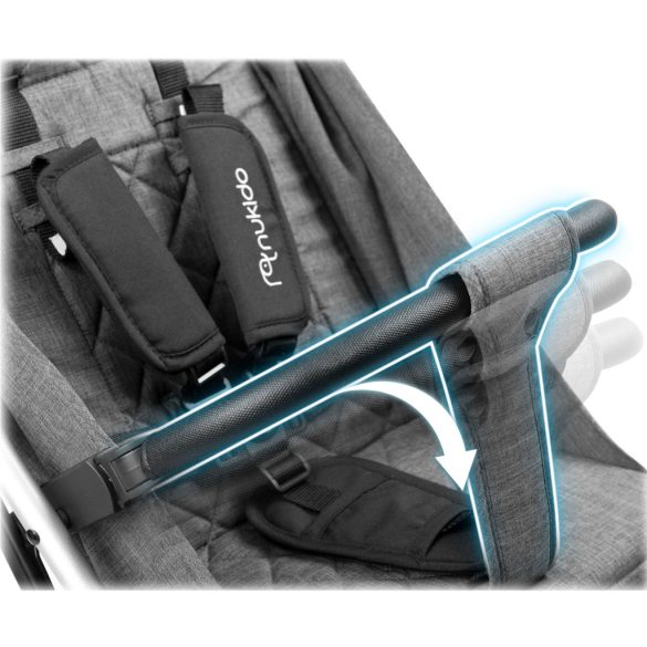 Babakocsi, Nukido Paseo, szürke, 70 x 52 x 30 cm, összecsukható, 360°-os rugózott első kerekek, ötpontos biztonsági öv, dönthető háttámla, esővédő és lábzsák