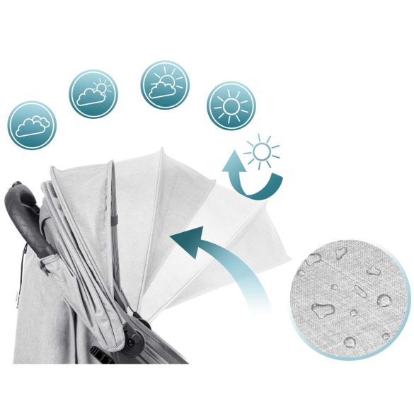 Babakocsi, Nukido Paseo, világosszürke, 70 x 52 x 30 cm, összecsukható, 360°-os rugózott első kerekek, ötpontos biztonsági öv, dönthető háttámla, esővédő és lábzsák