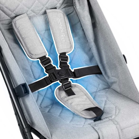 Babakocsi, Nukido Paseo, világosszürke, 70 x 52 x 30 cm, összecsukható, 360°-os rugózott első kerekek, ötpontos biztonsági öv, dönthető háttámla, esővédő és lábzsák