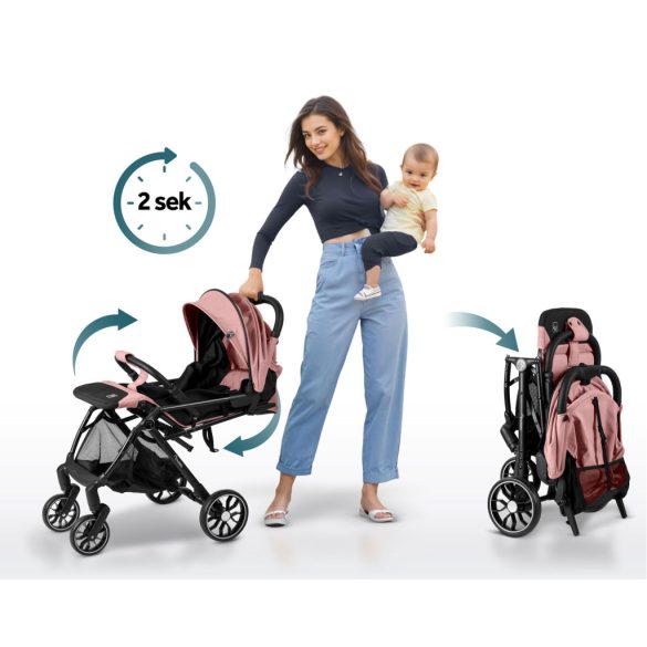 Babakocsi, Nukido Paseo, rózsaszín, 70 x 52 x 30 cm, összecsukható, 360°-os rugózott első kerekek, ötpontos biztonsági öv, dönthető háttámla, esővédő és lábzsák