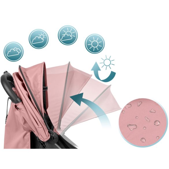 Babakocsi, Nukido Paseo, rózsaszín, 70 x 52 x 30 cm, összecsukható, 360°-os rugózott első kerekek, ötpontos biztonsági öv, dönthető háttámla, esővédő és lábzsák