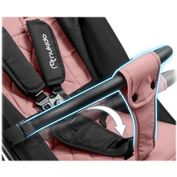 Babakocsi, Nukido Paseo, rózsaszín, 70 x 52 x 30 cm, összecsukható, 360°-os rugózott első kerekek, ötpontos biztonsági öv, dönthető háttámla, esővédő és lábzsák