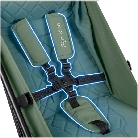 Babakocsi, Nukido Paseo, zöld, 70 x 52 x 30 cm, összecsukható, 360°-os rugózott első kerekek, ötpontos biztonsági öv, dönthető háttámla, esővédő és lábzsák