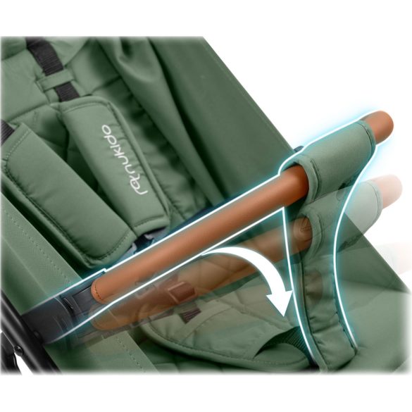 Babakocsi, Nukido Paseo, zöld, 70 x 52 x 30 cm, összecsukható, 360°-os rugózott első kerekek, ötpontos biztonsági öv, dönthető háttámla, esővédő és lábzsák