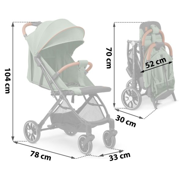 Babakocsi, Nukido Paseo, zöld, 70 x 52 x 30 cm, összecsukható, 360°-os rugózott első kerekek, ötpontos biztonsági öv, dönthető háttámla, esővédő és lábzsák