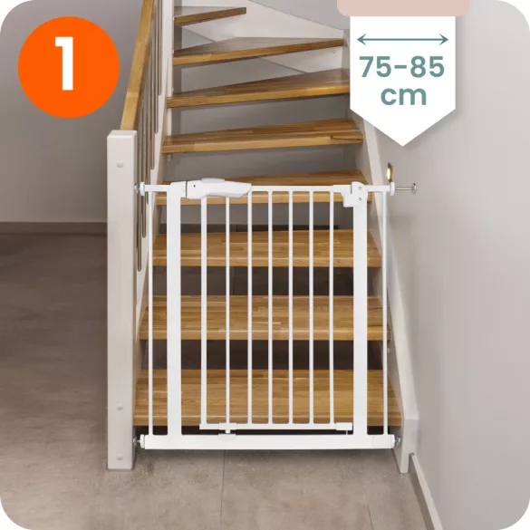 Biztonsági kapu, babarács, Nukido 718000, fehér, szélesség: 75-105 cm, magasság: 78 cm, egykezes nyitás, dupla zár, kétirányú nyílás, fém és műanyag (TE718000)