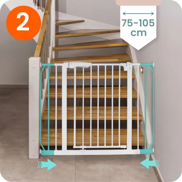 Biztonsági kapu, babarács, Nukido 718000, fehér, szélesség: 75-105 cm, magasság: 78 cm, egykezes nyitás, dupla zár, kétirányú nyílás, fém és műanyag (TE718000)