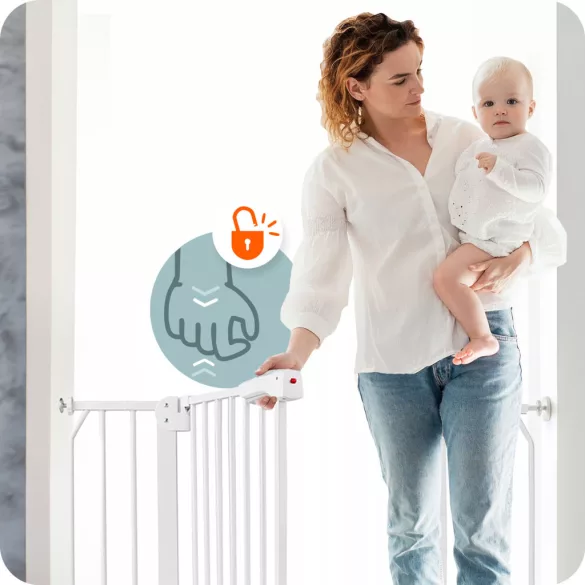 Biztonsági kapu, babarács, Nukido 718000, fehér, szélesség: 75-105 cm, magasság: 78 cm, egykezes nyitás, dupla zár, kétirányú nyílás, fém és műanyag (TE718000)
