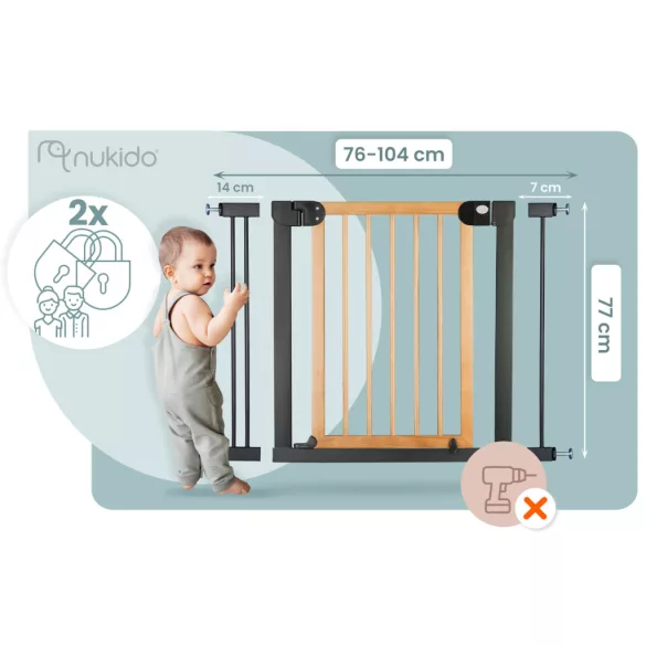 Biztonsági kapu, babarács, Nukido 718200, fekete, szélesség: 76-104 cm, magasság: 77 cm, egykezes nyitás, dupla zár, kétirányú nyílás, fém és fa (TE718200)