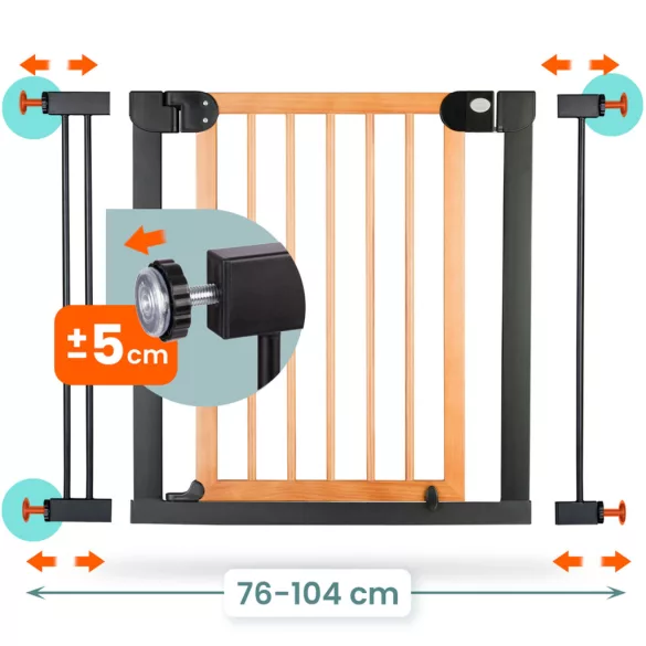 Biztonsági kapu, babarács, Nukido 718200, fekete, szélesség: 76-104 cm, magasság: 77 cm, egykezes nyitás, dupla zár, kétirányú nyílás, fém és fa (TE718200)