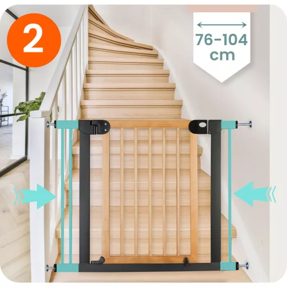 Biztonsági kapu, babarács, Nukido 718200, fekete, szélesség: 76-104 cm, magasság: 77 cm, egykezes nyitás, dupla zár, kétirányú nyílás, fém és fa (TE718200)