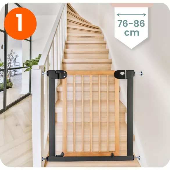 Biztonsági kapu, babarács, Nukido 718200, fekete, szélesség: 76-104 cm, magasság: 77 cm, egykezes nyitás, dupla zár, kétirányú nyílás, fém és fa (TE718200)