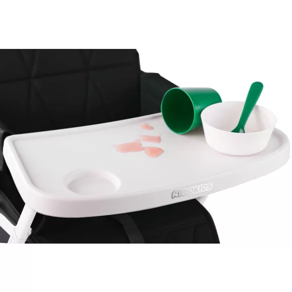 Etetőszék, Ricokids Nuco, fekete, összecsukható, levehető tálcával, 3 pontos biztonsági öv, lábtartó, teherbírás: 15 kg