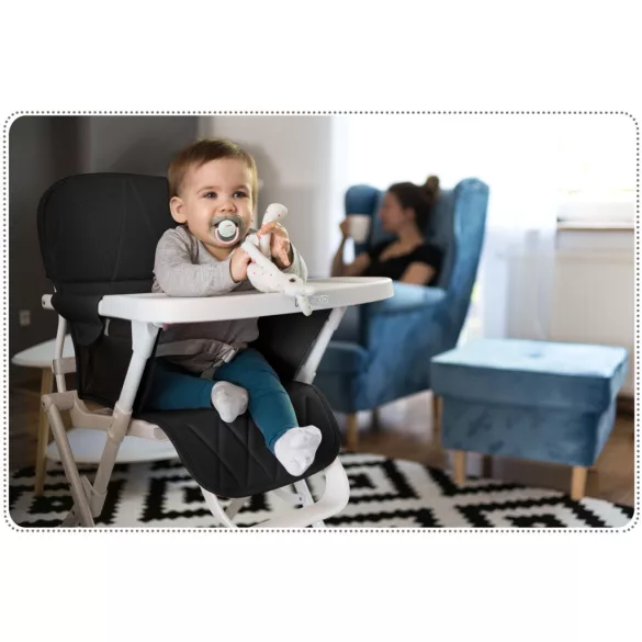 Etetőszék, Ricokids Nuco, fekete, összecsukható, levehető tálcával, 3 pontos biztonsági öv, lábtartó, teherbírás: 15 kg