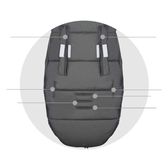 Babakocsi hálózsák, Ricokids Elmi, sötétszürke, 95 x 48 cm, babakocsihoz és szánkóhoz, légáteresztő, lyukak a biztonsági öveknek, mosható