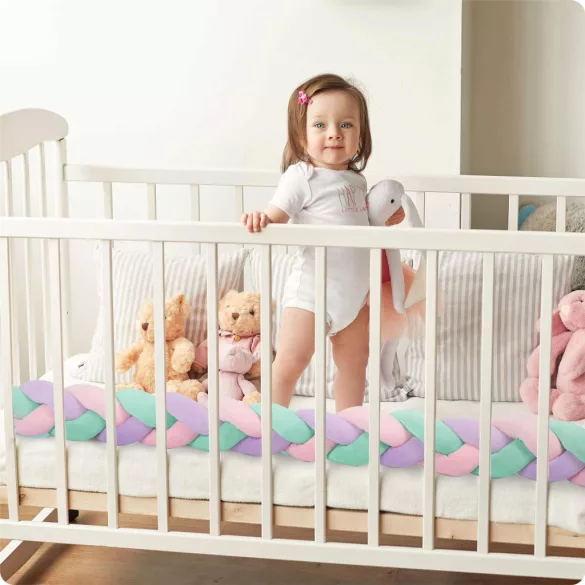 Rácsvédő kiságyba, Ricokids, zöld/rózsaszín/lila, 300 x 11,5 cm, kék-szürke, antiallergén, mosható, puha tapintású
