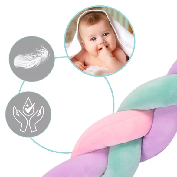 Rácsvédő kiságyba, Ricokids, zöld/rózsaszín/lila, 300 x 11,5 cm, kék-szürke, antiallergén, mosható, puha tapintású