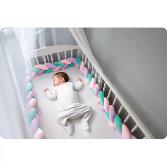 Rácsvédő kiságyba, Ricokids, zöld/rózsaszín/lila, 300 x 11,5 cm, kék-szürke, antiallergén, mosható, puha tapintású