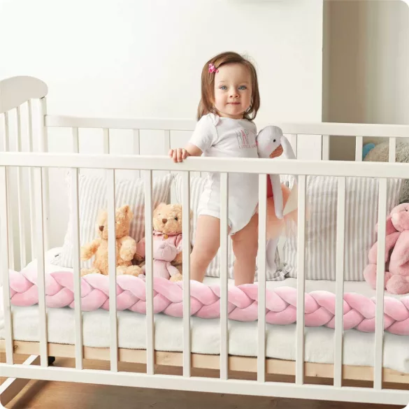 Rácsvédő kiságyba, Ricokids, rózsaszín, 300 x 11,5 cm, kék-szürke, antiallergén, mosható, puha tapintású