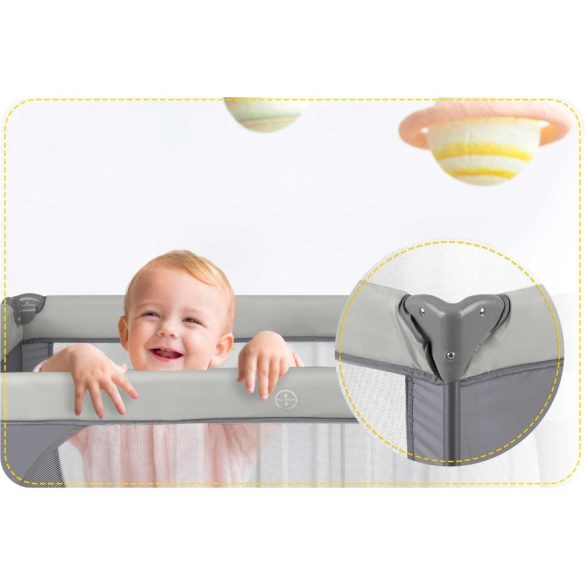 Utazó gyerekágy, Ricokids RK-240, világosszürke, 125 x 65 cm, magasság: 78 cm, levehető oldalsó bejárat, 2 fékezhető kerék, összecsukható, matraccal, teherbírás: 15 kg