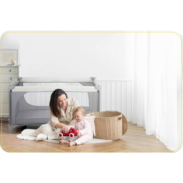 Utazó gyerekágy, Ricokids RK-240, világosszürke, 125 x 65 cm, magasság: 78 cm, levehető oldalsó bejárat, 2 fékezhető kerék, összecsukható, matraccal, teherbírás: 15 kg