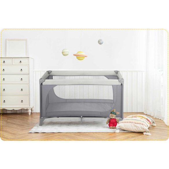 Utazó gyerekágy, Ricokids RK-240, világosszürke, 125 x 65 cm, magasság: 78 cm, levehető oldalsó bejárat, 2 fékezhető kerék, összecsukható, matraccal, teherbírás: 15 kg