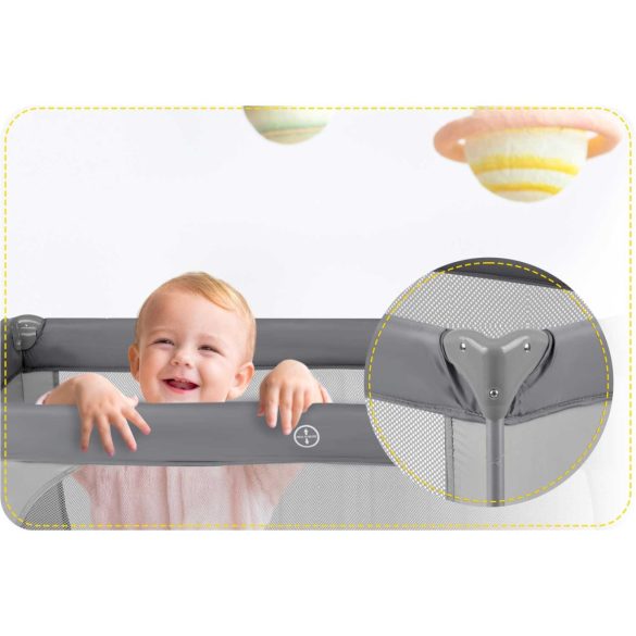 Utazó gyerekágy, Ricokids RK-240, szürke, 125 x 65 cm, magasság: 78 cm, levehető oldalsó bejárat, 2 fékezhető kerék, összecsukható, matraccal, teherbírás: 15 kg