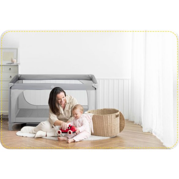 Utazó gyerekágy, Ricokids RK-240, szürke, 125 x 65 cm, magasság: 78 cm, levehető oldalsó bejárat, 2 fékezhető kerék, összecsukható, matraccal, teherbírás: 15 kg