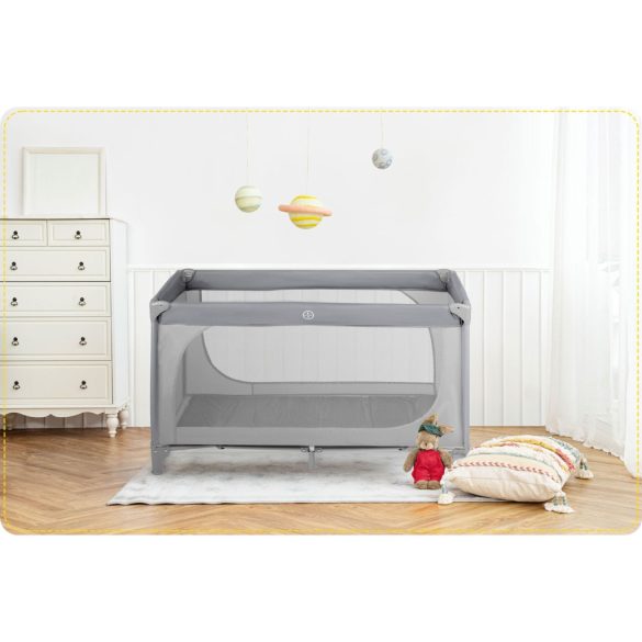 Utazó gyerekágy, Ricokids RK-240, szürke, 125 x 65 cm, magasság: 78 cm, levehető oldalsó bejárat, 2 fékezhető kerék, összecsukható, matraccal, teherbírás: 15 kg