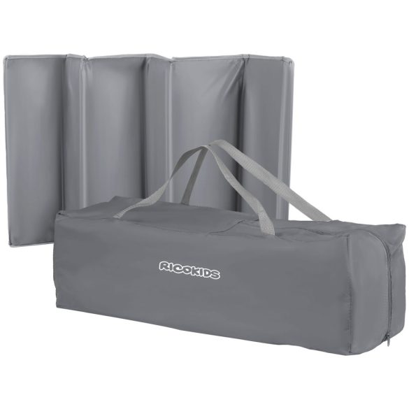 Utazó gyerekágy, Ricokids RK-240, szürke, 125 x 65 cm, magasság: 78 cm, levehető oldalsó bejárat, 2 fékezhető kerék, összecsukható, matraccal, teherbírás: 15 kg