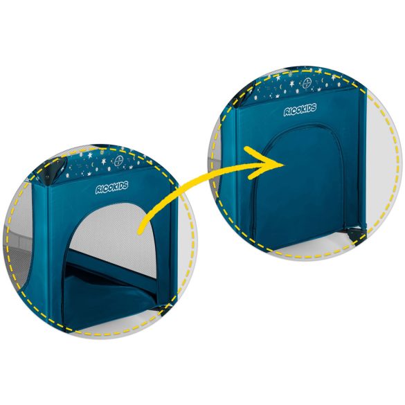 Utazó gyerekágy, Ricokids RK-240, sötétkék, 125 x 65 cm, magasság: 78 cm, levehető oldalsó bejárat, 2 fékezhető kerék, összecsukható, matraccal, teherbírás: 15 kg