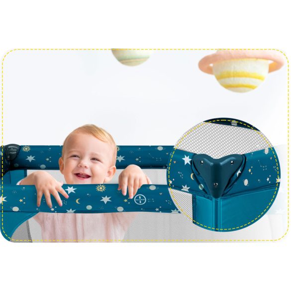 Utazó gyerekágy, Ricokids RK-240, sötétkék, 125 x 65 cm, magasság: 78 cm, levehető oldalsó bejárat, 2 fékezhető kerék, összecsukható, matraccal, teherbírás: 15 kg