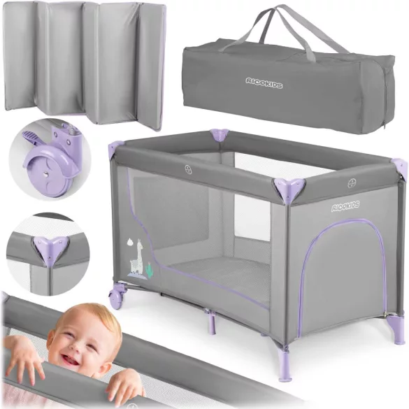 Utazó gyerekágy, Ricokids RK-240, szürke-levendula, 125 x 65 cm, magasság: 78 cm, levehető oldalsó bejárat, 2 fékezhető kerék, összecsukható, matraccal, teherbírás: 15 kg